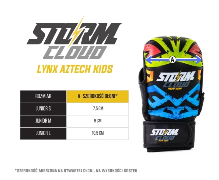 Tabela rozmiarów i wymiary rękawic do MMA dla dzieci StormCloud Lynx Aztech