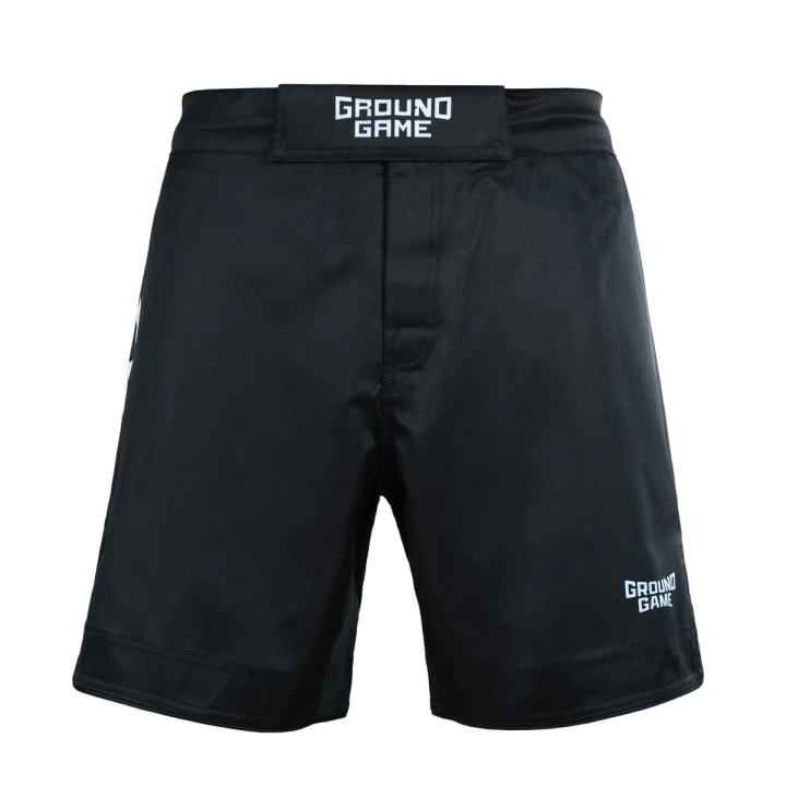 Czarno-białe spodenki MMA Ground Game IBJJF widok z przodu