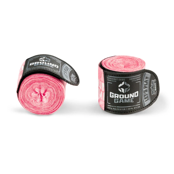 Zwinięte w rolkę różowe bandaże bokserskie Ground Game Prime Pink 4m