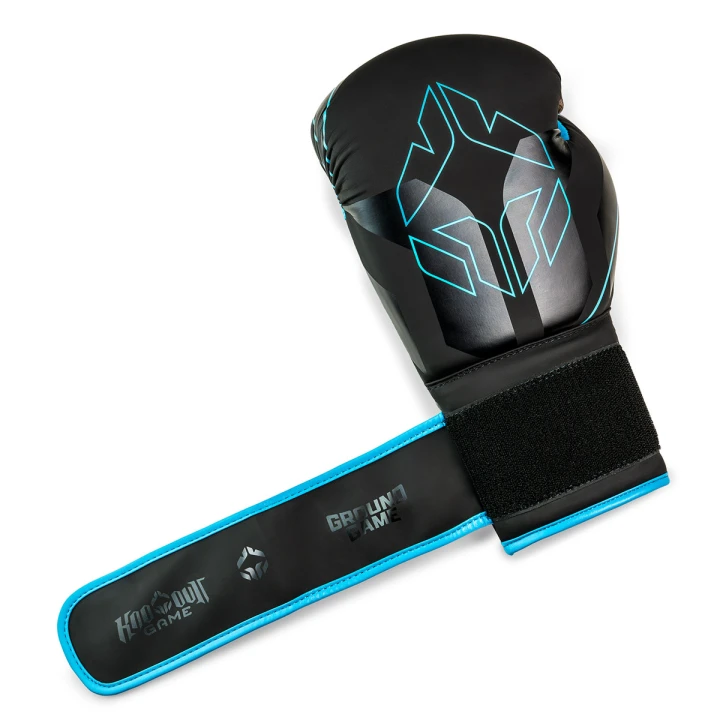 Rękawice bokserskie Ground Game Logo 3.0 Blue otwarty szeroki pas z rzepem stabilizujący nadgarstek