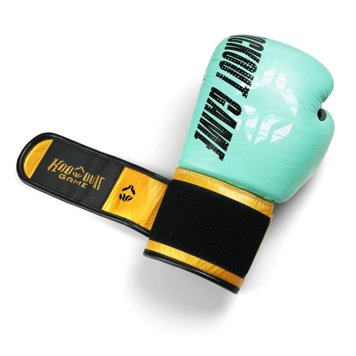 Zapięcie Wrist Protect i szwy w zielono-złotych rękawicach bokserskich Ground Game Prime Green