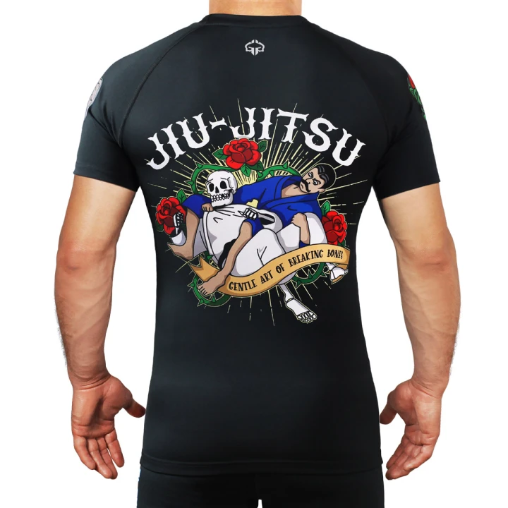 Męski rashguard kompresyjny Ground Game Oldschool z krótkim rękawem tył z grafiką Jiu-Jitsu