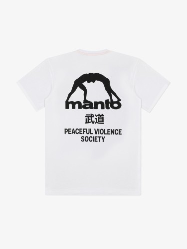 Tył białej koszulki MANTO SOCIETY z czarnym nadrukiem graficznym