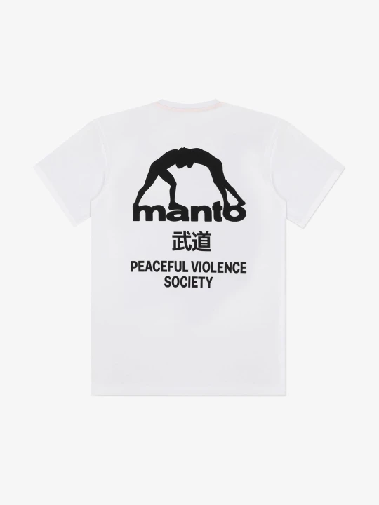 Tył białej koszulki MANTO SOCIETY z czarnym nadrukiem graficznym